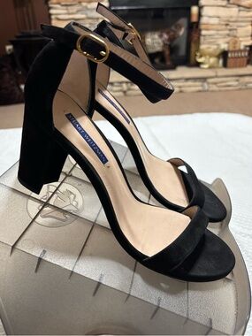Stuart Weitzman Black Suede Block Heel Ankle Strap Sandals